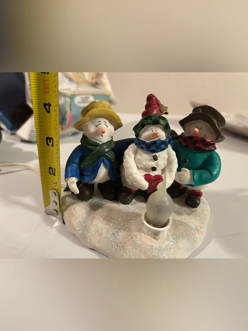 Vintage Snowmen Trio Three Snowmen Warming Up With Fire Figurine Light Up